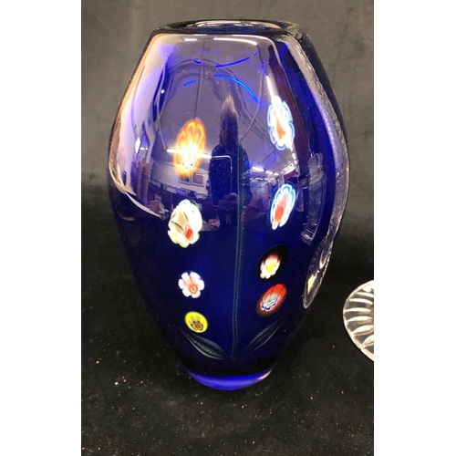 2265 - A Bleikristall cut glass vase, 30cm high, a blue glass vase with coloured flowers, 21cm high, a blue... 