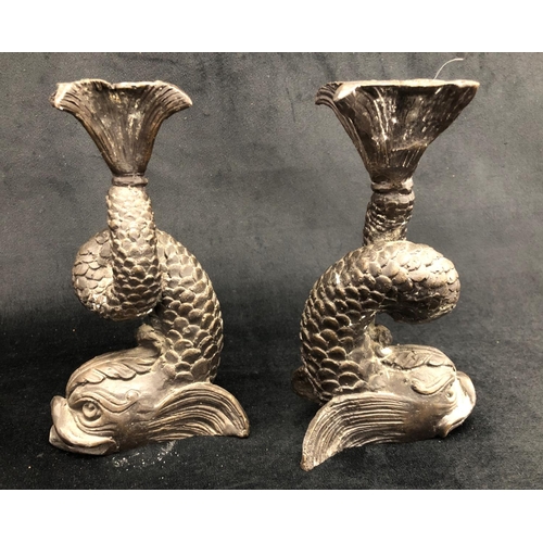 2278 - A pair of bronze Koi fish candlesticks, 18cm high and a pair of composition elephants, 15cm high ove... 