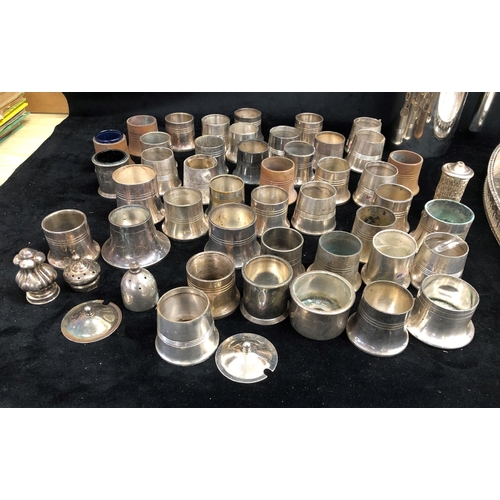 2285 - A large quantity of various silver plated condiment bases, a plated oval tray, 45.5cm x 29cm, 2 othe... 