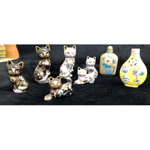 2290 - A small Oriental scent bottle, 7cm high, various Cloisonne cats and a scent bottle.