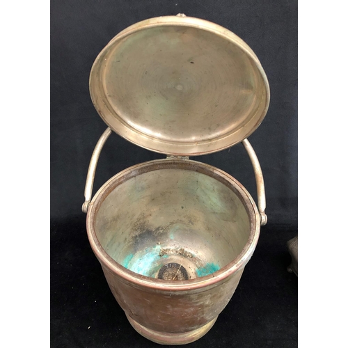 2298 - A silver plated ice bucket with hinged lid connected to handle, 29cm high and a Britannia metal 2-se... 