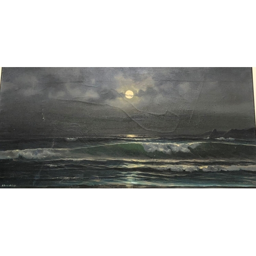 2320 - A Beardsley framed oil on canvas of moonlit beach, signed to corner, 80 x 39.5cm in white and hessia... 