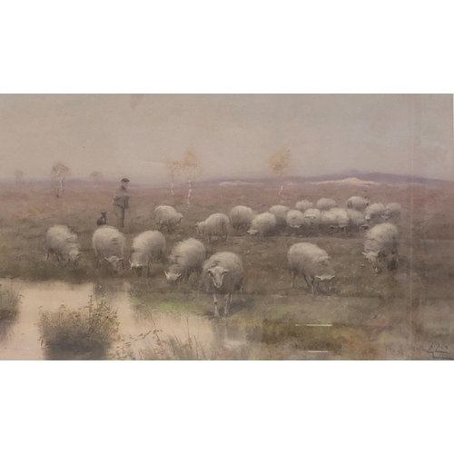 2072 - D Cox coloured print of sheep, man and his dog, 66cm x 40cm, in gilt frame.