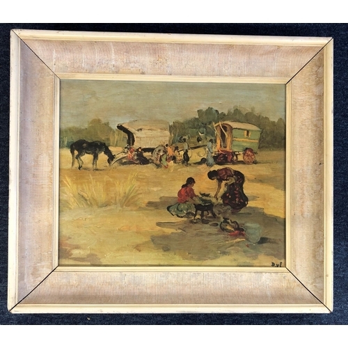 2073 - A coloured print on canvas depicting gypsies and caravans,  43cm x 35.5cm, in painted wood frame.