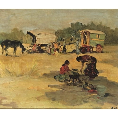 2073 - A coloured print on canvas depicting gypsies and caravans,  43cm x 35.5cm, in painted wood frame.