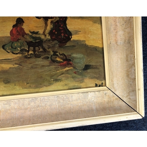 2073 - A coloured print on canvas depicting gypsies and caravans,  43cm x 35.5cm, in painted wood frame.