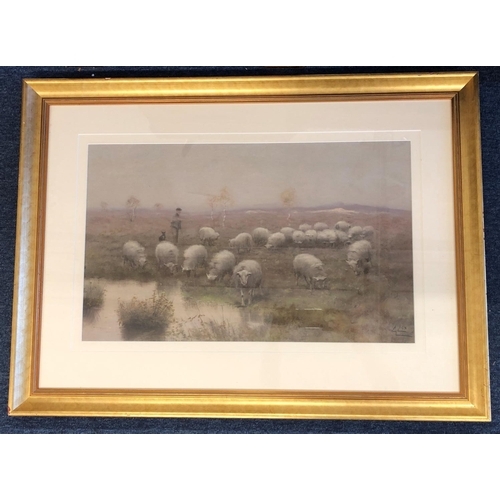 2072 - D Cox coloured print of sheep, man and his dog, 66cm x 40cm, in gilt frame.