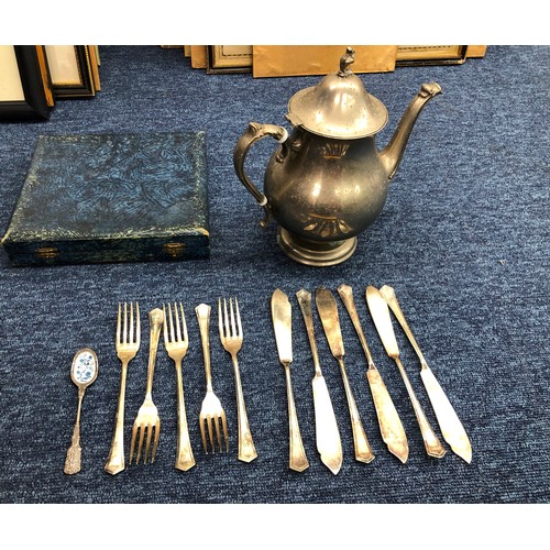 3298 - A silver plated teapot, 5 EPNS fish forks and 6 fish knives, cased, 1 coffee spoon and a slate wall ... 