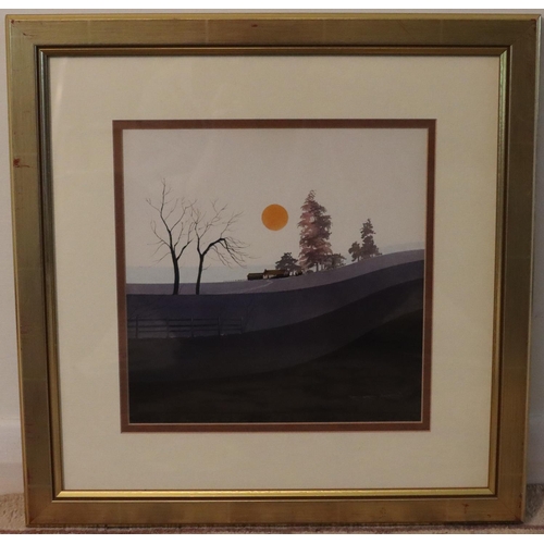 3048 - A modern coloured print of a sunset, signed ELA, 27 x 19cm, in gilt frame and a coloured print of a ... 