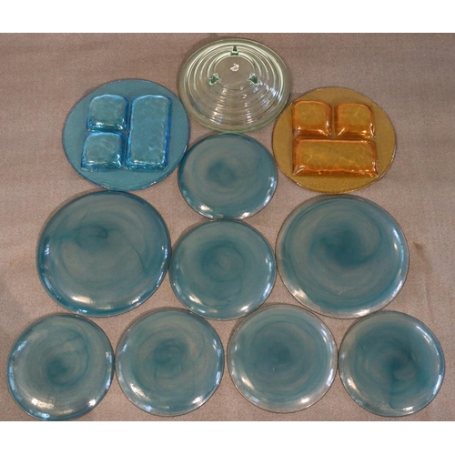 3063 - A pair of glass serving dishes, 1 blue tinted, 1 brown tinted, 2 large blue glass plates, 6 smaller ... 