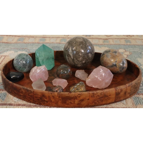 3071 - A small wood oval tray, 31cm long and a quantity of crystals, polished stone egg etc. (This item is ... 