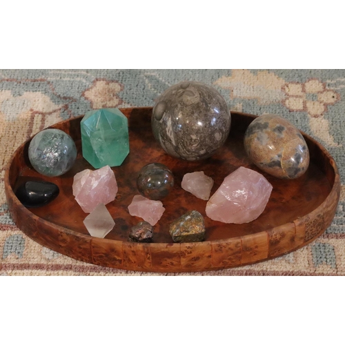 3071 - A small wood oval tray, 31cm long and a quantity of crystals, polished stone egg etc. (This item is ... 