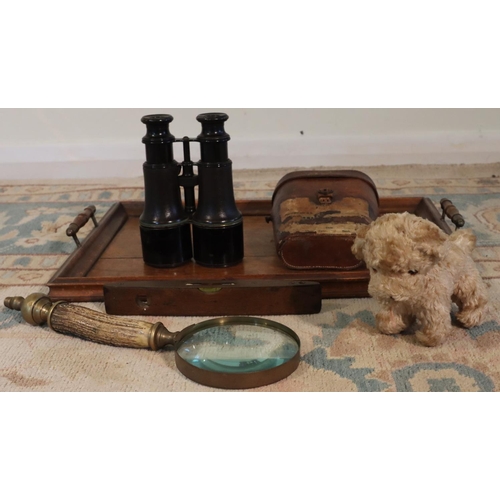 3072 - A wooden tray with wood and brass handles, a pair of binoculars, JH Steward Optician 406 Strand Lond... 