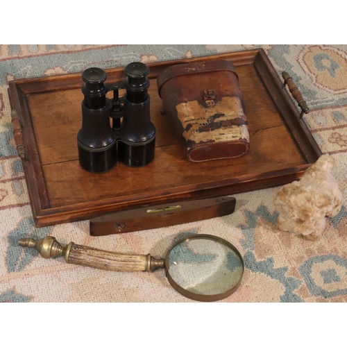 3072 - A wooden tray with wood and brass handles, a pair of binoculars, JH Steward Optician 406 Strand Lond... 