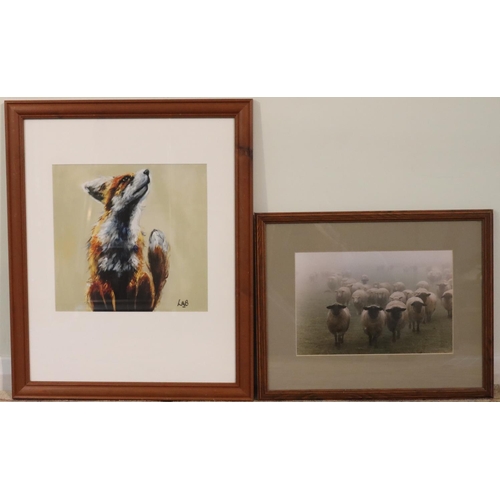 3077 - A print of a fox, signed LAB, 29 x 27cm, in wood frame and a print of sheep, 29 x 19cm in wood frame... 