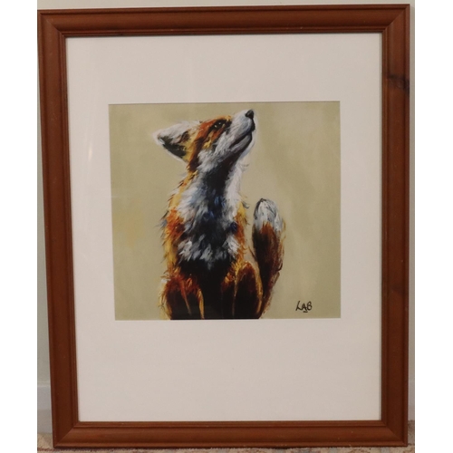 3077 - A print of a fox, signed LAB, 29 x 27cm, in wood frame and a print of sheep, 29 x 19cm in wood frame... 