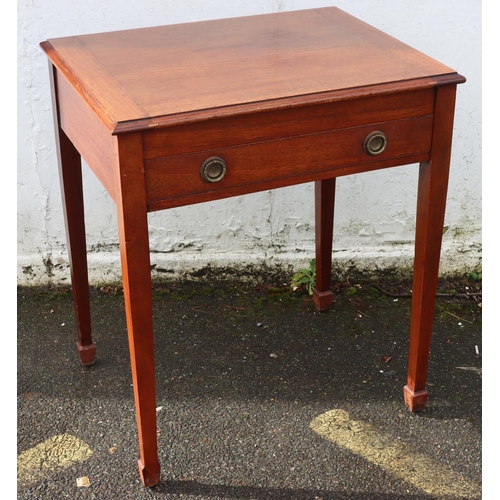 3080 - A mahogany canteen case with hinged top and 1 long drawer enclosing sectioned interior on square tap... 