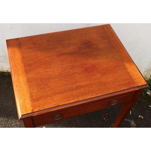 3080 - A mahogany canteen case with hinged top and 1 long drawer enclosing sectioned interior on square tap... 