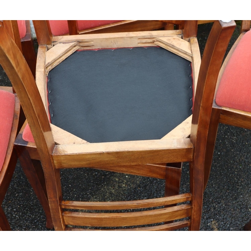 3081 - A set of 9 mahogany dining chairs (8 singles and 1 carver) with slat backs, velvet drop-in seats on ... 