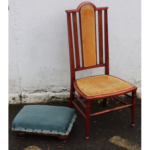 3083 - An Arts and Crafts style nursing chair with inlaid motifs and a rectangular footstool with turquoise... 