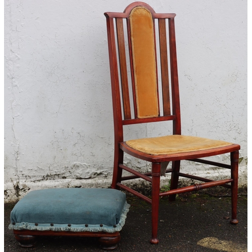 3083 - An Arts and Crafts style nursing chair with inlaid motifs and a rectangular footstool with turquoise... 