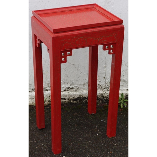 3084 - A red lacquered Oriental jardiniere stand, 38.5cm wide, 31cm deep, 72cm high.