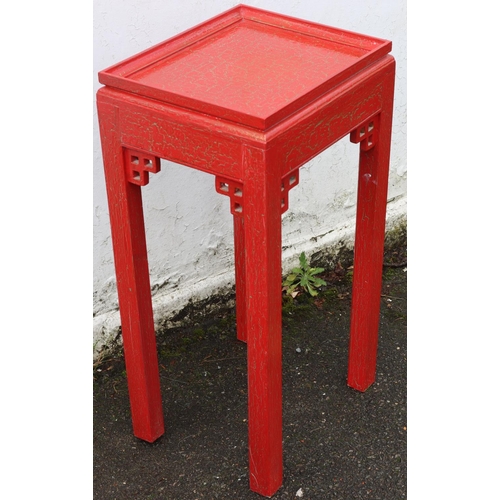 3084 - A red lacquered Oriental jardiniere stand, 38.5cm wide, 31cm deep, 72cm high.