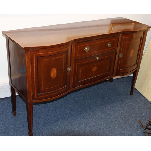 3087 - An Edwardian mahogany sideboard with allover inlaid shell motif and banding, centre drawer above dro... 