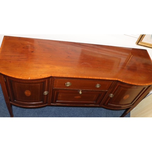 3087 - An Edwardian mahogany sideboard with allover inlaid shell motif and banding, centre drawer above dro... 