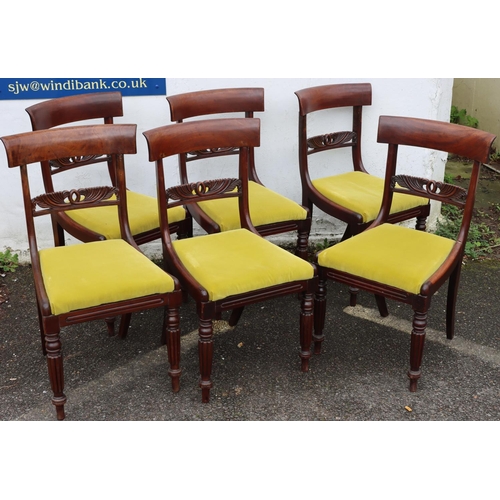 3089 - 6 19th Century mahogany dining chairs with lime green velvet fabric drop in seats. (This item is not... 