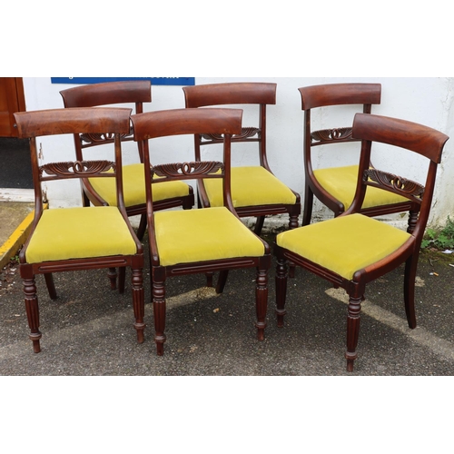 3089 - 6 19th Century mahogany dining chairs with lime green velvet fabric drop in seats. (This item is not... 