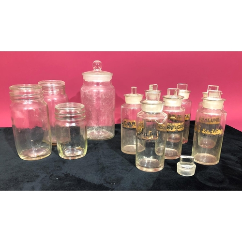 3103 - 7 vintage apothecary clear glass bottles (1 cracked and slight chips to some rims) with stoppers and... 