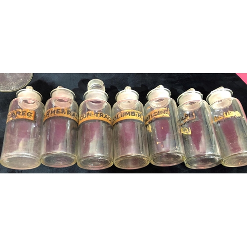 3103 - 7 vintage apothecary clear glass bottles (1 cracked and slight chips to some rims) with stoppers and... 