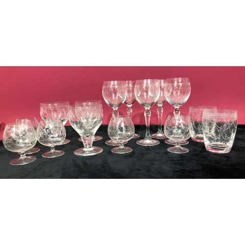 3107 - A quantity of glasses including 5 white wine glasses, 19cm high, 5 brandy bowls, 10cm high, 3 small ... 