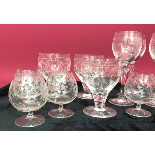 3107 - A quantity of glasses including 5 white wine glasses, 19cm high, 5 brandy bowls, 10cm high, 3 small ... 