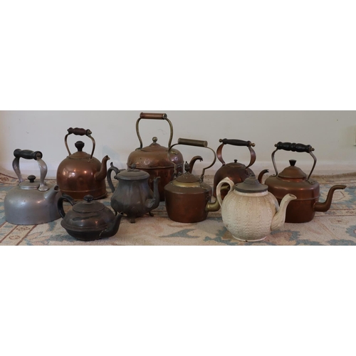 3123 - 9 various copper and brass teapots, including 1 with electric fitting (no cable) and 1 cream ceramic... 