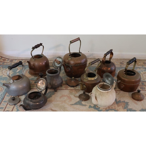 3123 - 9 various copper and brass teapots, including 1 with electric fitting (no cable) and 1 cream ceramic... 