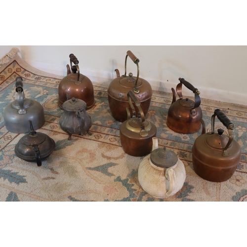 3123 - 9 various copper and brass teapots, including 1 with electric fitting (no cable) and 1 cream ceramic... 