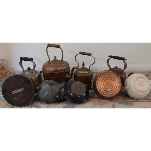 3123 - 9 various copper and brass teapots, including 1 with electric fitting (no cable) and 1 cream ceramic... 