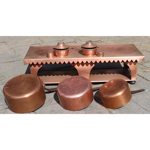 3134 - A modern brass and copper table top burner on rectangular stand, 25cm wide, 62cm long, 17cm high, 2 ... 