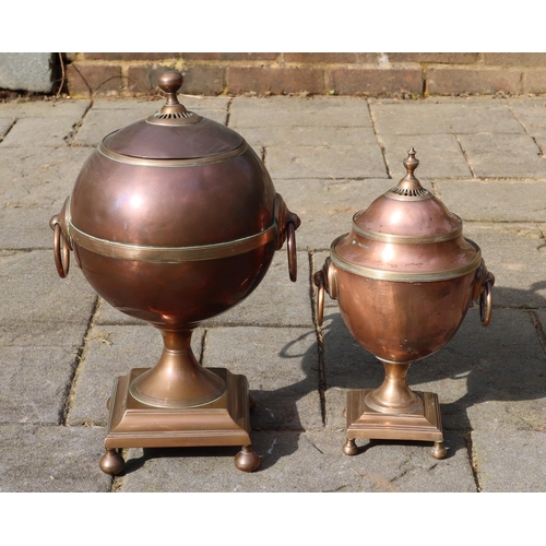 3138 - A copper and brass 2-handled samovar, 46cm high overall and a similar smaller samovar, 35.5cm high. ... 