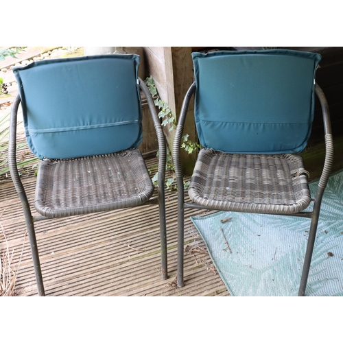 3149 - 2 metallic garden chairs with rattan style seats and backs, each with outdoor garden cushions. (This... 