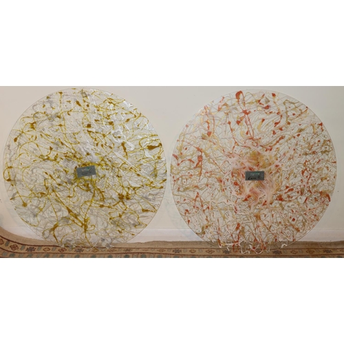 3151 - 2 circular acrylic modern abstract wall hangings, Emma R label to backs, each 77cm diameter. (This i... 