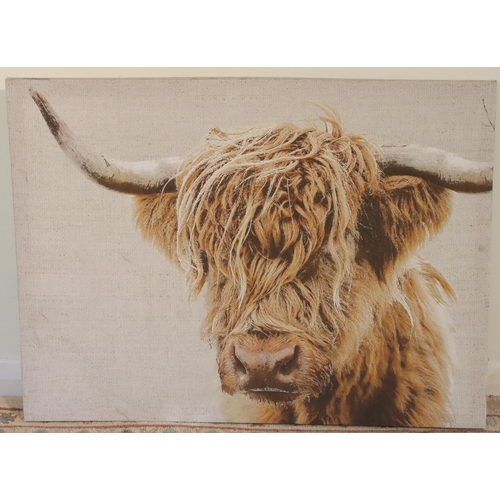 3152 - 3 modern unframed canvas prints, Highland cow, 77 x 56.5cm, lake and mountain, 668 x 50 and 2 donkey... 