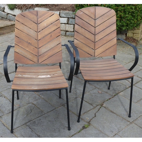 3174 - 2 black metallic chairs with wood slatted seats and backs, 56cm wide, 52cm deep, 193.5cm high. (This... 