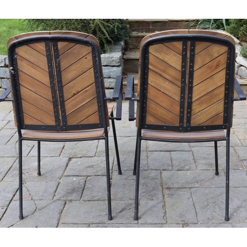 3174 - 2 black metallic chairs with wood slatted seats and backs, 56cm wide, 52cm deep, 193.5cm high. (This... 