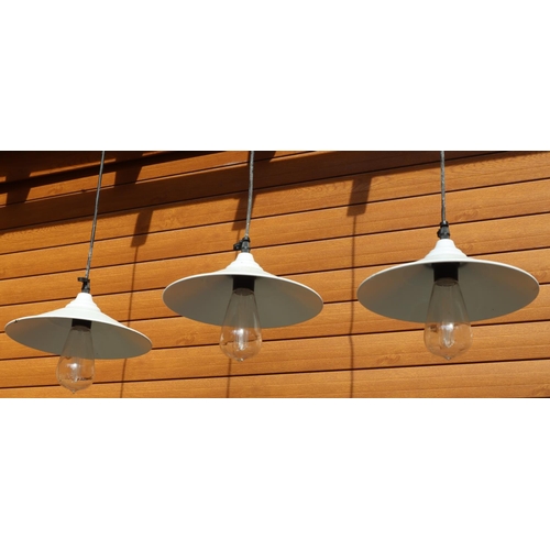 3187 - 3 modern battery operated pendant lights with white metallic shades, 99cm long overall. (This item i... 