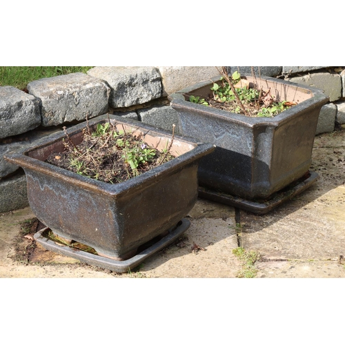 3191 - 2 grey glazed ceramic plant pots with base trays and plants. (Condition of plants not guaranteed).  ... 