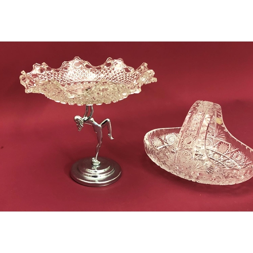 3220 - A quantity of cut glass including tall dish on chrome effect base with female nude figure, 21.5cm hi... 