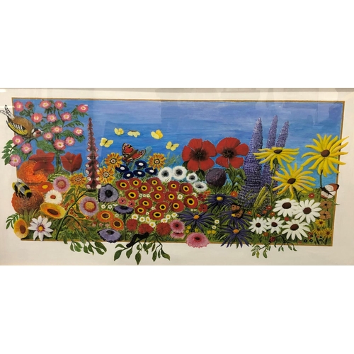 3222 - A large oil still life of flowers and bird, in pine frame, frame 131cm x 71cm